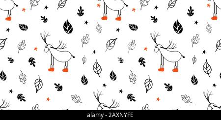 Lumière homogène avec des cerfs et d'arbres. Dessin de style scandinave. Art linéaire noir-blanc illustration. Bonjour l'hiver. Banque D'Images