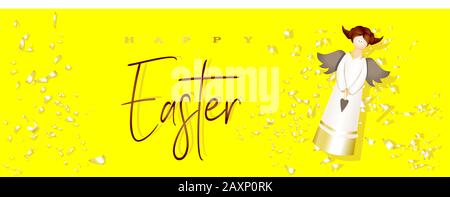 L'affiche de Pâques et modèle de page avec ange sur un fond jaune vif. Félicitations et cadeaux pour Pâques. Promotion et modèle commercial. Gol Banque D'Images