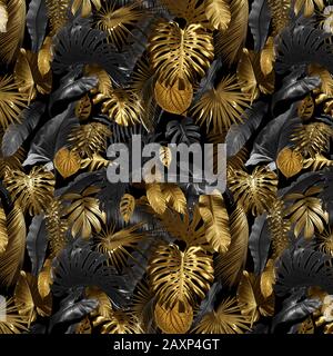 Modèle sans couture avec feuilles tropicales en couleur or et noir, peut être utilisé comme fond d'écran d'arrière-plan Banque D'Images