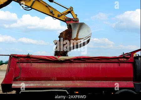 Terre, terrassements, pelle, seau, couche, dépose, l'exploitation minière, de l'équipement lourd, du travail, d'un emploi, le terrain, les fouilles, de chargement, de transport, du poids, de la sécurité, Banque D'Images