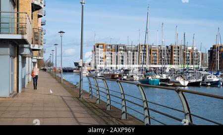 Port de plaisance de Portishead Quay, Angleterre Royaume-Uni : une promenade le long de la marina de Portishead Quay avec yachts et appartements le jour ensoleillé. Banque D'Images