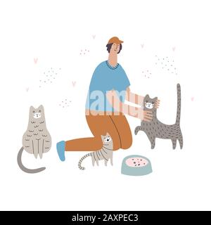 Un homme alimente l'illustration vectorielle dessinée à la main de chats Illustration de Vecteur
