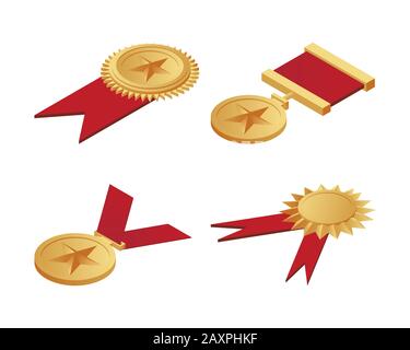 Médailles d'or avec des étoiles sur eux et rubans rouges illustration isométrique isolée sur un fond blanc. Trophée d'or, victoire, succès, récompense, première place, et concept de triomphe. Illustration de Vecteur