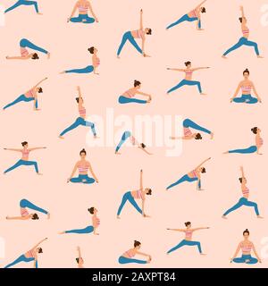 Modèle vectoriel sans couture dans un style rétro tendance de femme faisant du yoga. Illustration de Vecteur