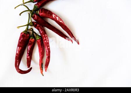 Beaucoup de piments rouges séchés sur fond blanc Banque D'Images