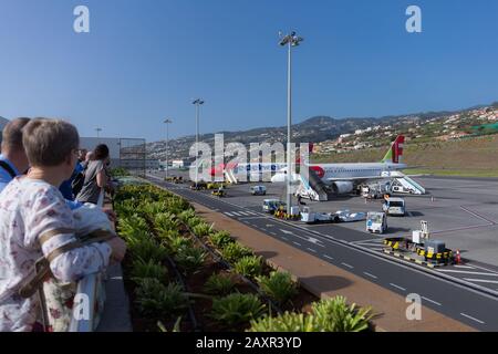 Santa Cruz, Madère - février 2020: Les touristes qui cherchent À TOUCHER l'avion Air Portugal et l'avion Edelweiss à l'aéroport de Cristiano Ronaldo à Madère Banque D'Images