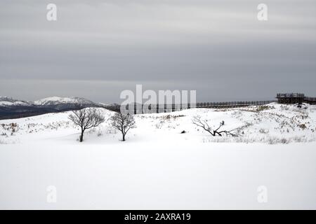 Randonnée dans les cinq lacs de Shiretoko couverts de neige en hiver avec la chaîne de montagnes de Shiretoko et le pont d'observation en arrière-plan, Hokkaido, Japon Banque D'Images
