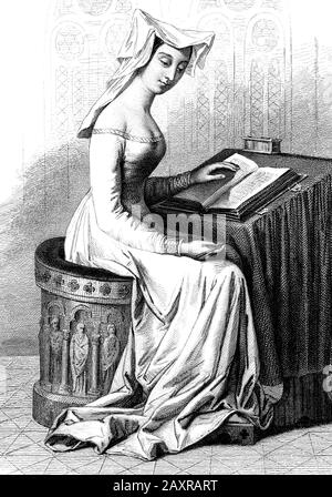 1400 CA , FRANCE: La femme française née en italie poète CRISTINA DA PIZZANO ( 1364 - 1430 CA ) aka CHRISTINE DE PIZAN ou PISAN . Graveur non dentifié, pubmé en 1846 . Auteur à la cour du roi Charles VI de France . Elle se souvient mieux de défendre les femmes dans le Livre de la Ville des femmes et le Trésor de la Ville des femmes . Vénitienne à la naissance, Christine était un éminent moraliste et un penseur politique dans la France médiévale .- LETTERATURA - LITTÉRATURE - scrittore - ritratto - portrait - POETESSA - POETA - POESIA - POÉSIE - voile - velo - lecteur - lettrICE - lettore - bureau - scrivania --- Banque D'Images