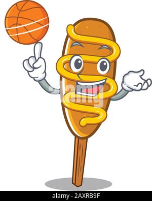 Une photo de mascotte de personnage de dessin animé de chien de maïs jouant au basket-ball Illustration de Vecteur