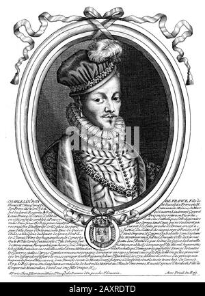 1570 CA , FRANCE : le roi de France CHARLES IX de Valois ( 1550 - 1574 ). Fils de Caterina de Medici et Henri II . Marié à princesse Elizabeth von Absburg ( Habsburg ) ( 1570 - 1574 ). Charles est mort de tuberculose en 1574, sans problème masculin légitime, et a été remplacé par son frère Henry III . Portrait gravé d'un artiste inconnu , imprimé en 1679 , France . - FRANCIA - Catherine de' Medici - CARLO IX - NOBLESSE - NOBILI francesi - Nobiltà francese - Asburgo - illustrazione - illustration - gravure - incisione - cuffia - chapeau - cappello - col - coletto - gorgiera - pizzo - l Banque D'Images