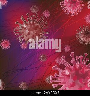 Bannière coronavirus pour la sensibilisation et l'alerte contre la propagation de la maladie, les symptômes ou les précautions. Seringue avec médicament liquide tourné à la cellule virale sur le résumé Illustration de Vecteur