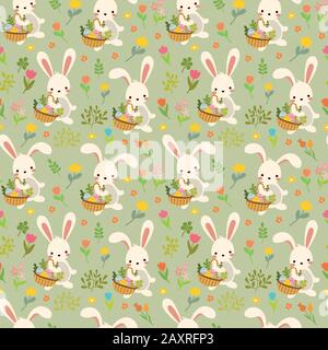 Lapin à motif Pâques avec panier, œufs, fleurs Illustration de Vecteur