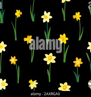 Motif fleuri sans couture avec jonquilles jaunes et feuilles vertes isolées sur fond noir. Texture sans fin pour le printemps ou l'été. Lumineux Illustration de Vecteur