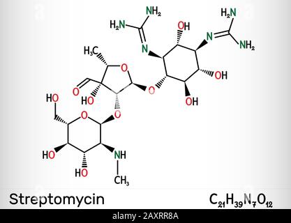 Streptomycine, molécule C21H39N7O12. C'est un antibiotique aminoglycoside. Formule chimique du squelette. Illustration Banque D'Images