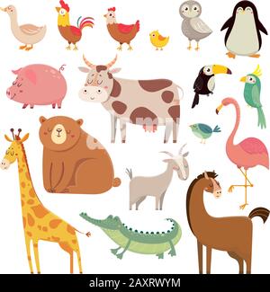 Petits caricatures ours sauvages, girafe, crocodile, oiseau Illustration de Vecteur