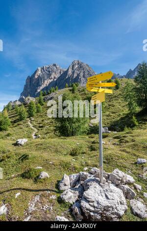 Lienz, Lienz Dolomites, Tyrol de l'est, Autriche, signpost dans les Dolomites de Lienz Banque D'Images