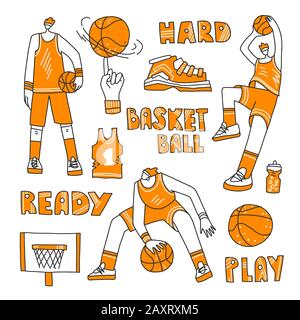 Ensemble de basket-ball à lignes vectorielles : joueurs de basket-ball, panier, ballon, baskets. Collection de sport vectoriel dans un dessin moderne, un dessin à la main et un style de ligne avec Illustration de Vecteur