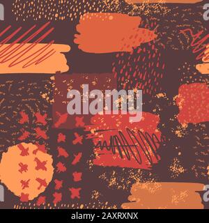 Motif abstrait vectoriel sans couture avec éléments dessinés à la main, points d'art, taches, lignes et lignes épurées en couleurs d'automne, orange chaud, marron, rouge Illustration de Vecteur