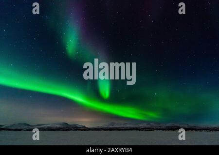 Scandinavie, Parc National d'Abisko, feux du Nord avec parties vertes (oxygène) et violettes (azote) Banque D'Images