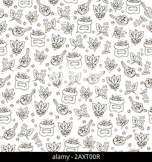 Modèle de café vectoriel sans couture avec grains de café et feuilles, sac de graines de café, équipement de lutte contre les conflits. Dessin à la main café sans couture avec texture légère Illustration de Vecteur