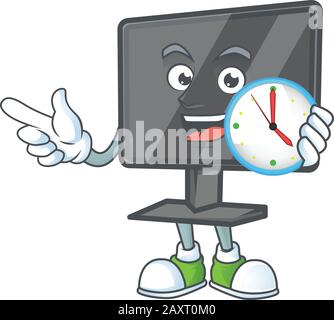 Style de personnage de dessin animé sur écran d'ordinateur avec une horloge Illustration de Vecteur