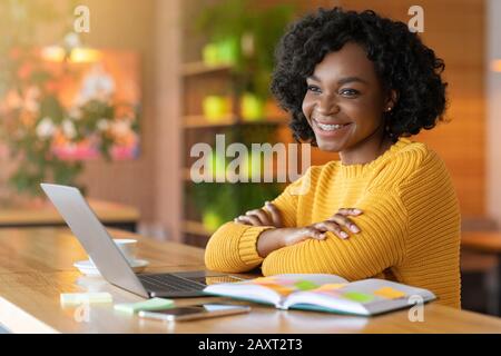 Satisfait afro fille utilisant ordinateur portable au café, travaillant en ligne Banque D'Images