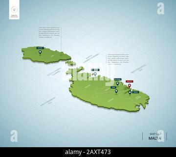 Carte stylisée de Malte. Carte verte isométrique tridimensionnelle avec villes, frontières, capitaux, régions. Illustration vectorielle. Couches modifiables clairement étiquetées. Anglais la Illustration de Vecteur