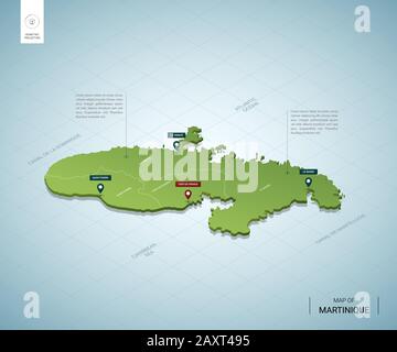 Carte stylisée de la Martinique. Carte verte isométrique tridimensionnelle avec villes, frontières, capitaux, régions. Illustration vectorielle. Couches modifiables clairement étiquetées. Engli Illustration de Vecteur