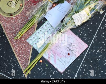 Hollywood, Californie, États-Unis. 12 janvier 2020. En l'honneur de Neil Peart, le batteur et le lyricien du groupe Rush, une couronne de fleurs a été placée sur la Star de Rush sur le Hollywood Walk of Fame hier, et de nombreux fans ont arrêté et rendu hommage. Neil Peart est mort d'un cancer du cerveau à Santa Monica le 7 janvier à l'âge de 67 ans. Avec: Atmosphère Où: Hollywood, Californie, États-Unis Quand: 12 Jan 2020 Crédit: Sheri Determan/Wenn.com Banque D'Images