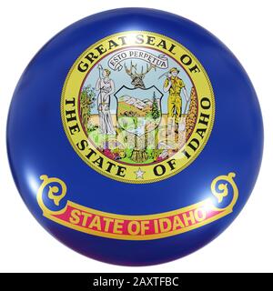 Rendu en trois dimensions d'un drapeau de l'État de l'Idaho des États-Unis sur une icône de cercle isolée sur fond blanc Banque D'Images