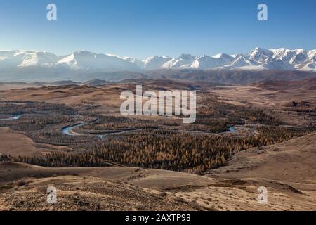 Paysage d'automne dans les montagnes de l'Altaï arbres jaunes kurai steppe chuya rivière Banque D'Images