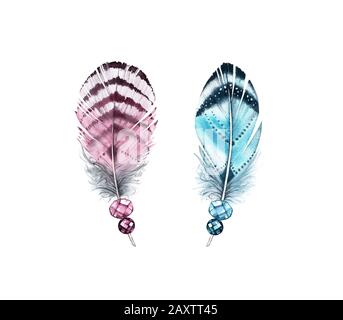 Plumes d'aquarelle avec pierres précieuses. Peinture réaliste avec deux ailes colorées et pierres de bijou. Illustration de style boho isolée sur blanc Banque D'Images