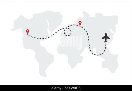 Carte du monde avec avion, itinéraires de vol et épingles. Vecteur Illustration de Vecteur