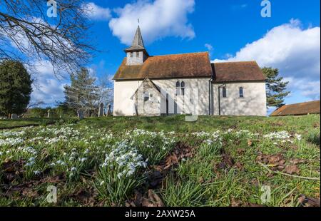 Extérieur de l'église historique Norman Wisley, paroisse de Wisley avec Pyrford, Surrey, avec des chutes de neige en fleurs dans le jardin d'hiver ensoleillé Banque D'Images