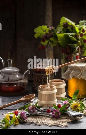 miel biologique naturel sur une table en bois. Toujours la vie dans un style rustique Banque D'Images