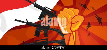 Indonésie style rétro de la guerre propagande main poing frappe avec bras et drapeau. Symbole rouge vintage de l'agression et de la rébellion Illustration de Vecteur