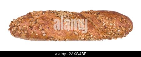 Une baguette de grain entier saupoudrée de graines saines. Produit de boulangerie frais croustillant avec graines de tournesol, de sésame ou de lin. Petit-déjeuner de produits de boulangerie. Banque D'Images