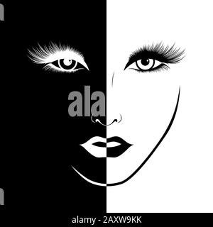 Résumé beau visage féminin split dans l'espace négatif et positif, noir et blanc, de l'expression conceptuelle dessin illustration Illustration de Vecteur