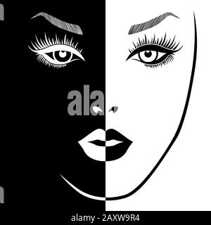 Abstraite jolie femme divisée en espace Positif Négatif, expression conceptuelle noir et blanc, illustration de dessin à la main Illustration de Vecteur