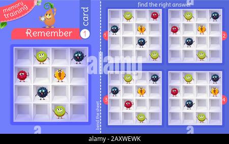 la formation en mémoire pour les enfants et les adultes. la tâche du jeu est de se rappeler, trouver la bonne réponse Illustration de Vecteur