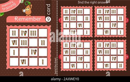la formation en mémoire pour les enfants et les adultes. la tâche du jeu est de se rappeler, trouver la bonne réponse Illustration de Vecteur