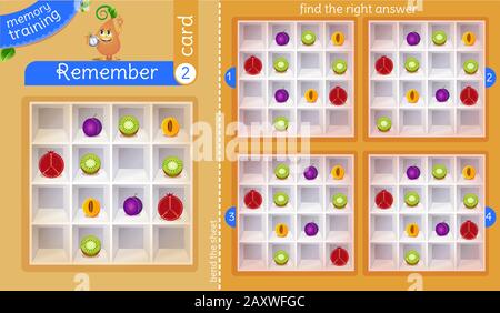 la formation en mémoire pour les enfants et les adultes. la tâche du jeu est de se rappeler, trouver la bonne réponse Illustration de Vecteur