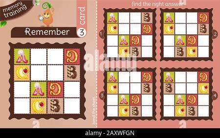 la formation en mémoire pour les enfants et les adultes. la tâche du jeu est de se rappeler, trouver la bonne réponse Illustration de Vecteur