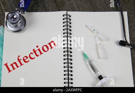 Concept de contrôle des infections : affichage sur un fichier linge ouvert avec pages blanches, un seul mot rouge, stéthoscope, seringue, flacons Banque D'Images