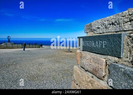 Panneau du Cap Nord sur l'île de Mageroya, Norvège du Nord Banque D'Images