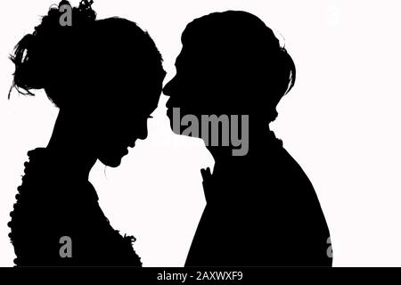 Silhouette de mariée baising de groom, couple amoureux sur fond blanc avec chemin de découpe. Amour, Romance, Mariage, Proposition, Engagement, Rencontres, Valentine Banque D'Images