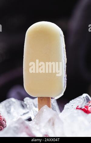 Belle photo de glace vegan maison recouverte de chocolat blanc entouré de glaçons Banque D'Images