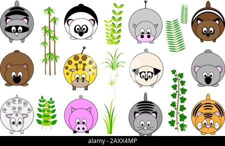 collection de douze jolis boutons-icônes d'autocollants vectoriels drôles illustrés d'animaux ronds avec queue et pattes, et feuilles de feuillage Illustration de Vecteur