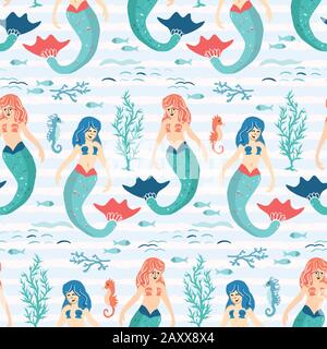 Joli motif bleu sirène sans coutures. Illustration vectorielle dessinée à la main. Magie fantasy sous les animaux de la mer sur des rayures. Plage nautique Illustration de Vecteur