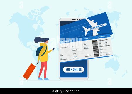 Concept de service de réservation de vol en ligne. Jeune touriste femelle avec valise livre de bagages voyage en avion sur smartphone. Réservation de billets d'avion et application mobile payante sur l'illustration vectorielle de la carte du monde Illustration de Vecteur